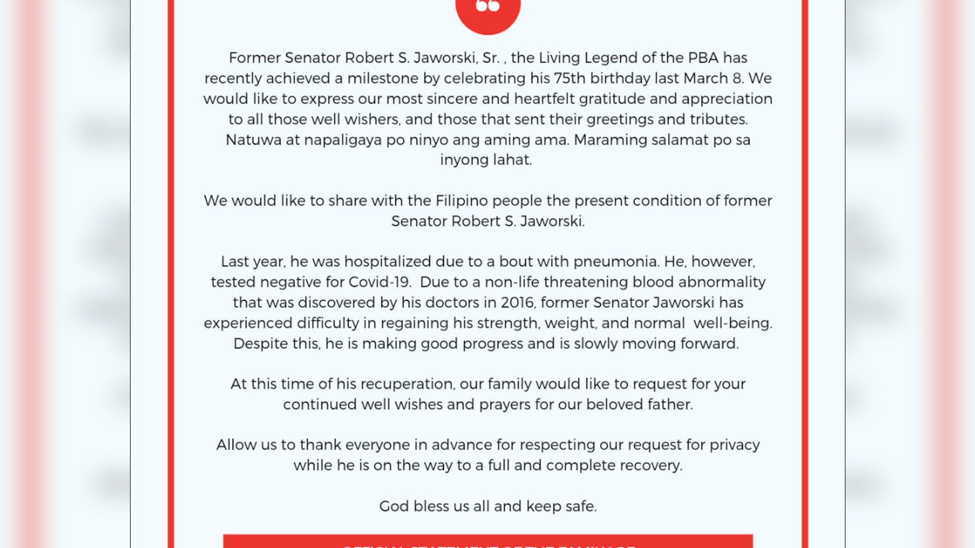 Jawo is doing well, family asks for prayers